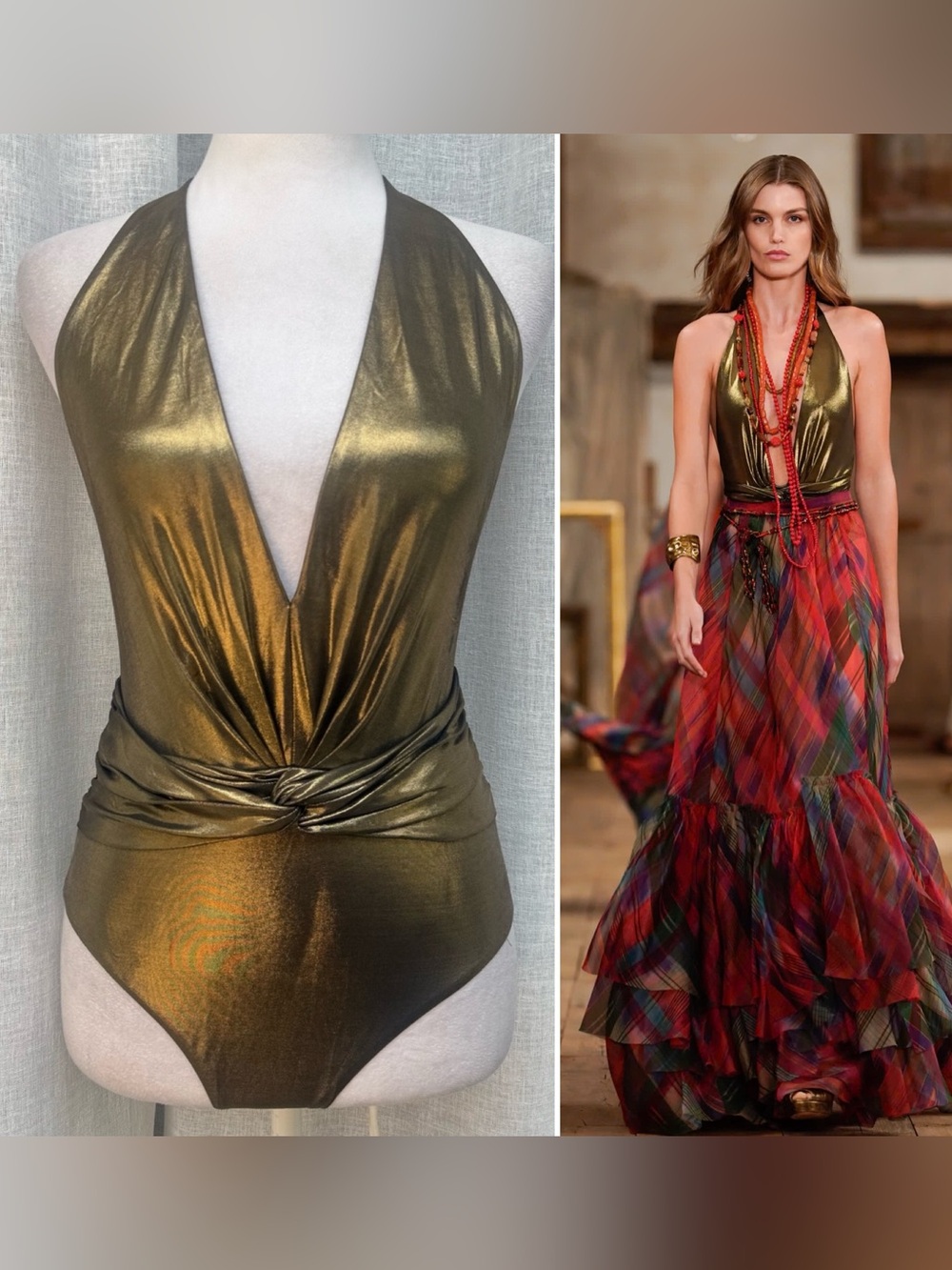NWT Ralph Lauren purple label 2024 runway liquid gold v neck bodysuit